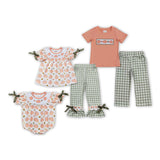 Pumpkins Leaves Green Plaid Girls Short Sleeve+Trousers Sets