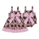 Highland Cow Print Pink Bow Ruffles Girls Summer Romper