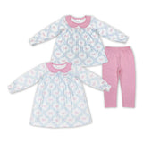 Floral Bow Pattern White Pink Girls Long Sleeve+Trousers Sets