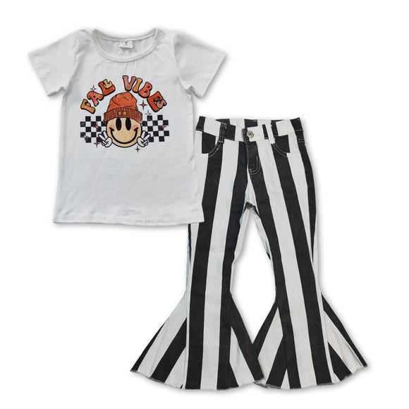 Fall Vibes Smile Black White Stripe Jeans Girls Short Sleeve+Trousers Sets