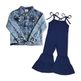 Denim Jacket Solid Navy Jumpsuit Girls Long Sleeve+Trousers Sets