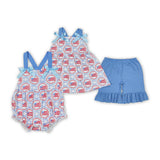Blue Bow Pattern Flag White Girls 4th of July Romper