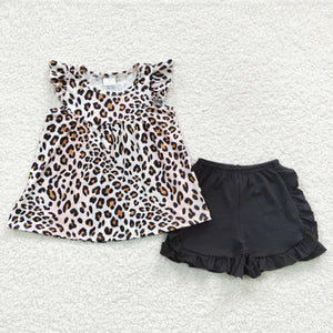 Leopard Print Black Girls Shorts Sets