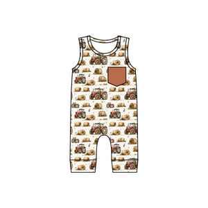 Personal customization- Farm Tractor Brown Pocket Boys Summer Romper