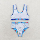 Cartoon Blue Ruffles Girls Swimsuits