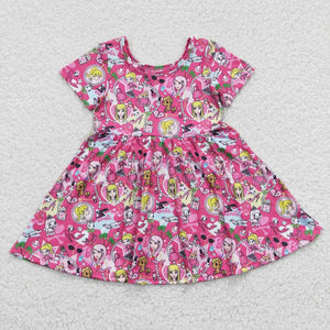 Cartoon Doll Hot Pink Girls Short Sleeve Dress