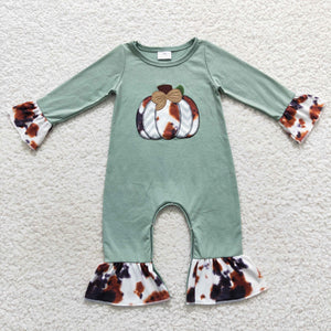 Pumpkin Cowhide Bluish Girls Fall Romper