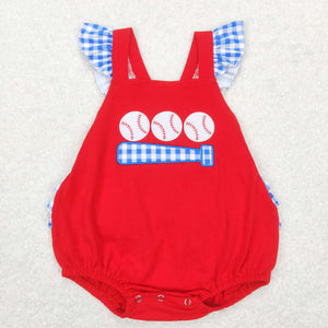 Baseball Blue Plaid Red Girls Summer Romper