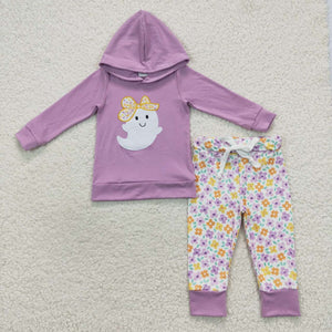 Floral Ghost Purple Hoodie Sets Girls Halloween Outfits