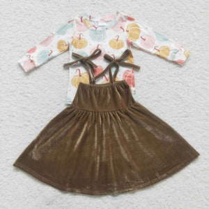 Pumpkin White Top Brown Velvet Suspenders Skirts Girls Overalls Sets