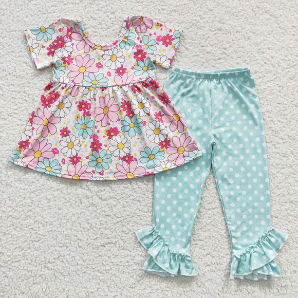 Floral Polka Dots Bluish Legging Girls Short Sleeve+Trousers Sets