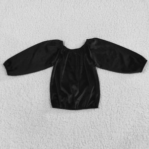 Solid Black Velvet One Shoulder Girls Long Sleeve Top