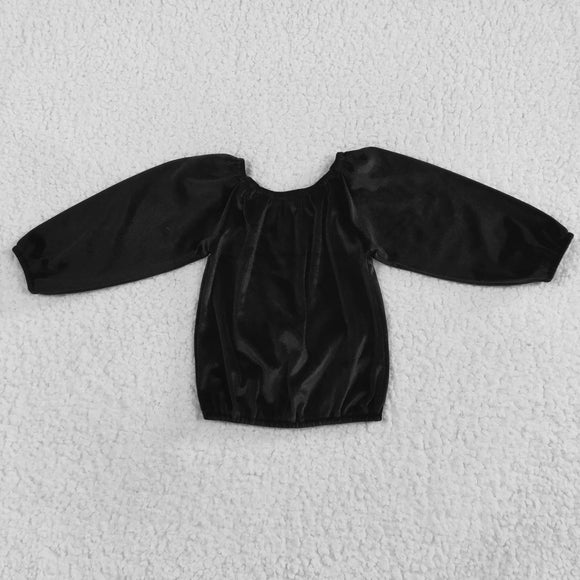 Solid Black Velvet One Shoulder Girls Long Sleeve Top