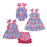 Floral Hot Pink Plaid Ruffles Girls Shorts Sets