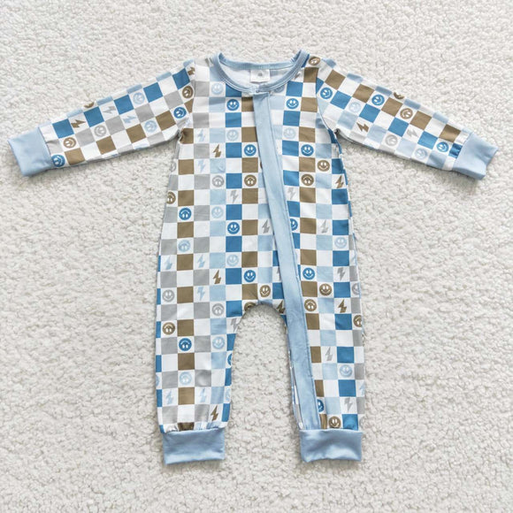 Smile Lightning Blue Plaid Boys Fall Romper