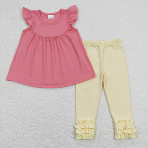 Solid Pink Yellow Girls Short Sleeve+Trousers Sets