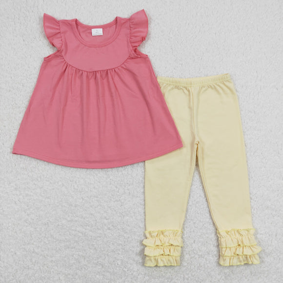 Solid Pink Yellow Girls Short Sleeve+Trousers Sets