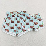 Adult Highland Cow Floral Blue Mommy & Me Shorts