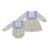 Pumpkin Bow Pattern Blue Ruffles Girls Fall Romper