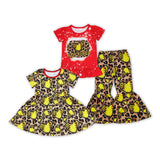 Softball Leopard Print Red Girls Short Sleeve+Trousers Sets