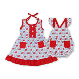 Flag Blue Bow Pattern Red Pockets Girls 4th of July Romper