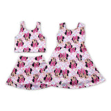Cartoon Floral Pink Plaid Athletic Shorts Girls Sleeveless Dress