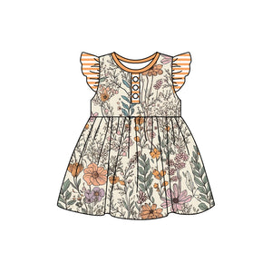 Personal customization- Floral Leaves Stripe Ruffles Girls Flutter Sleeve Dress