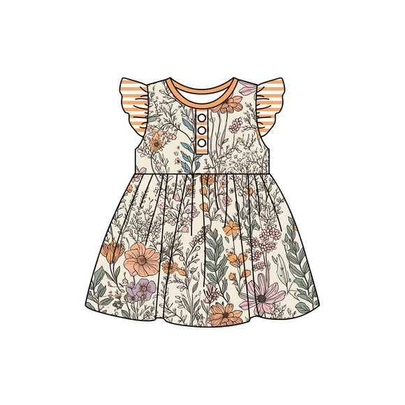 Personal customization- Floral Leaves Stripe Ruffles Girls Flutter Sleeve Dress