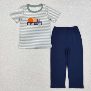 Pumpkin Truck Stripe Navy Boys Short Sleeve+Trousers Sets