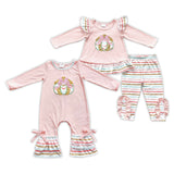 Gold Bow Pumpkin Stripe Pink Girls Fall Romper