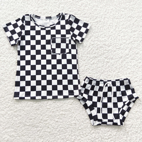 Pocket Black White Plaid Baby Bummies Sets