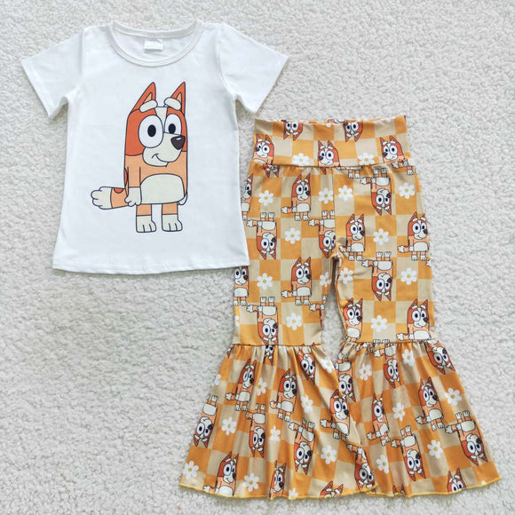 Cartoon Dogs Floral Orange Plaid Girls Short Sleeve+Trousers Sets