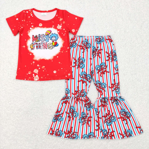 Miss Thing Cartoon Cats Red Girls Short Sleeve+Trousers Sets