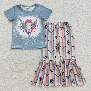 Aztec Highland Cow Stripe Girls Short Sleeve+Trousers Sets