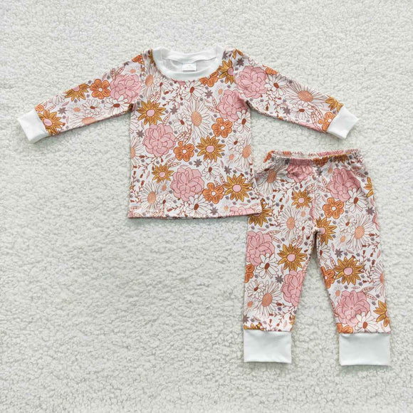 Floral Off-White Girls Long Sleeve Pajamas