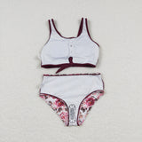 Floral Wine Red Bows Girls Swimsuits