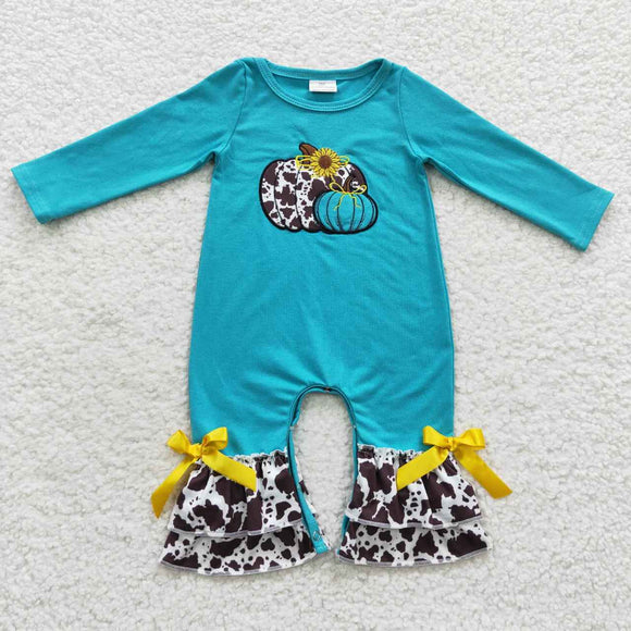 Pumpkin Cowhide Print Blue Girls Fall Romper