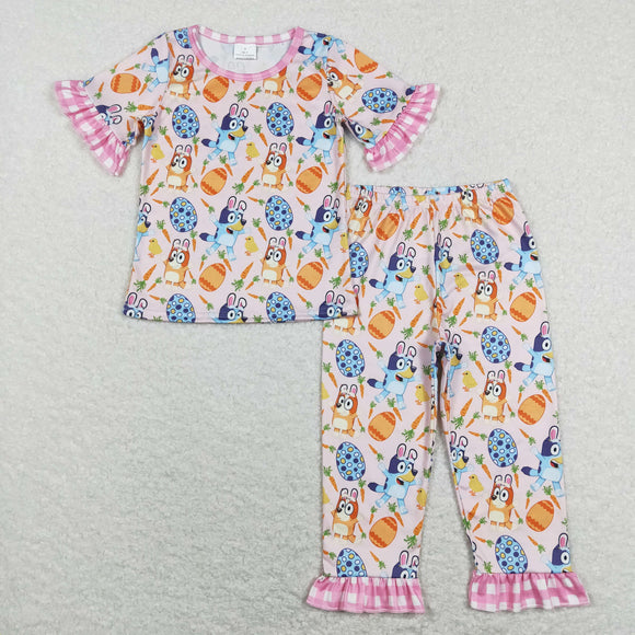 Cartoon Dogs Carrots Eggs Plaid Pink Girls Easter Pajamas