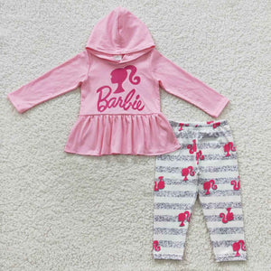 Cartoon Dolls Letters Stripe Pink Girls Fall Hoodie Sets