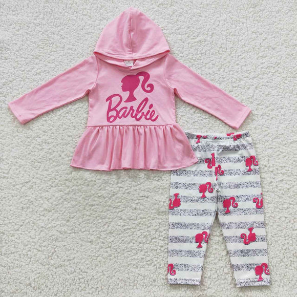 Cartoon Dolls Letters Stripe Pink Girls Fall Hoodie Sets