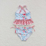 Floral Lace Ruffles Bows Sky Blue Girls Swimsuits