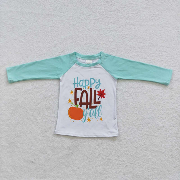 Happy Fall Y'all Pumpkin Sky Blue Boys Long Sleeve Top