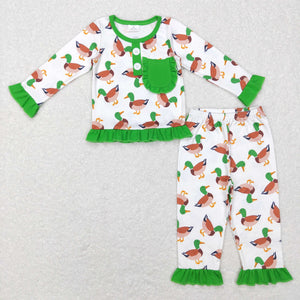 Duck Green White Ruffles Girls Long Sleeve Pajamas