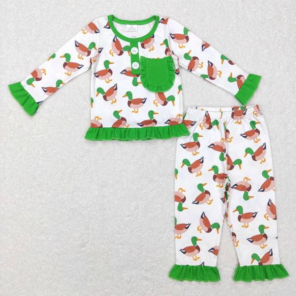 Duck Green White Ruffles Girls Long Sleeve Pajamas