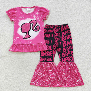 Cartoon Dolls Hot Pink Girls Short Sleeve+Trousers Sets