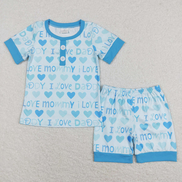 I Love Mommy Daddy Blue Boys Short Sleeve Pajamas