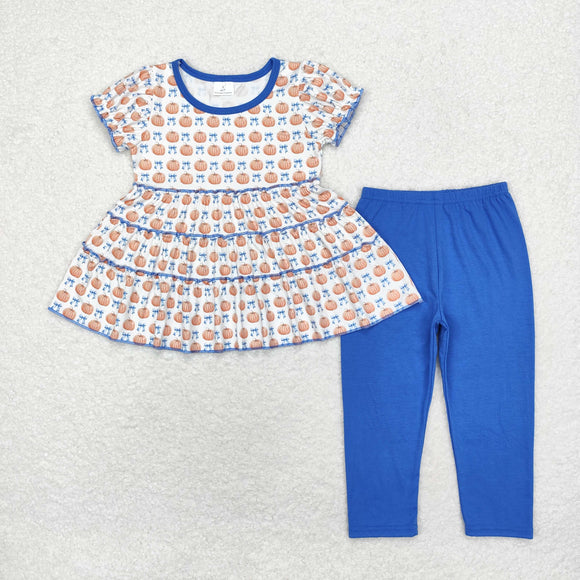 Pumpkin Bow Pattern Blue Girls Short Sleeve+Trousers Sets