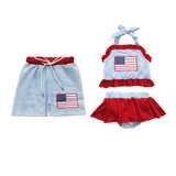 Flag Sky Blue Stripe Boys 4th of July Swimming Trunks