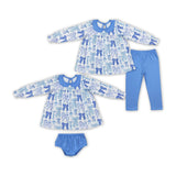 Bow Pattern Blue Doll Collar Girls Long Sleeve+Trousers Sets