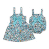 Floral Bluish Bow White Girls Summer Romper